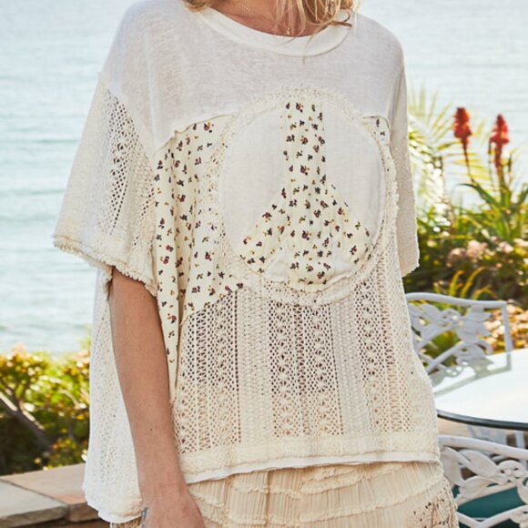 POL TOP PEACE PATCHWORK W/CROCHET IVORY MULTI - Picture 4 of 11
